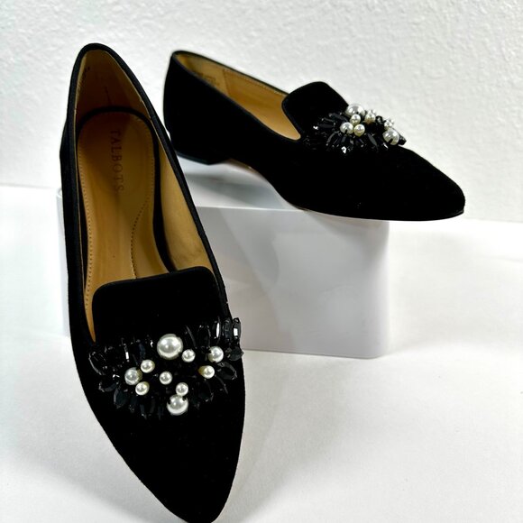 Talbots Edison Jeweled Suede Flats Black | Faux Pearl Loafers | Size 6.5 - Picture 5 of 10